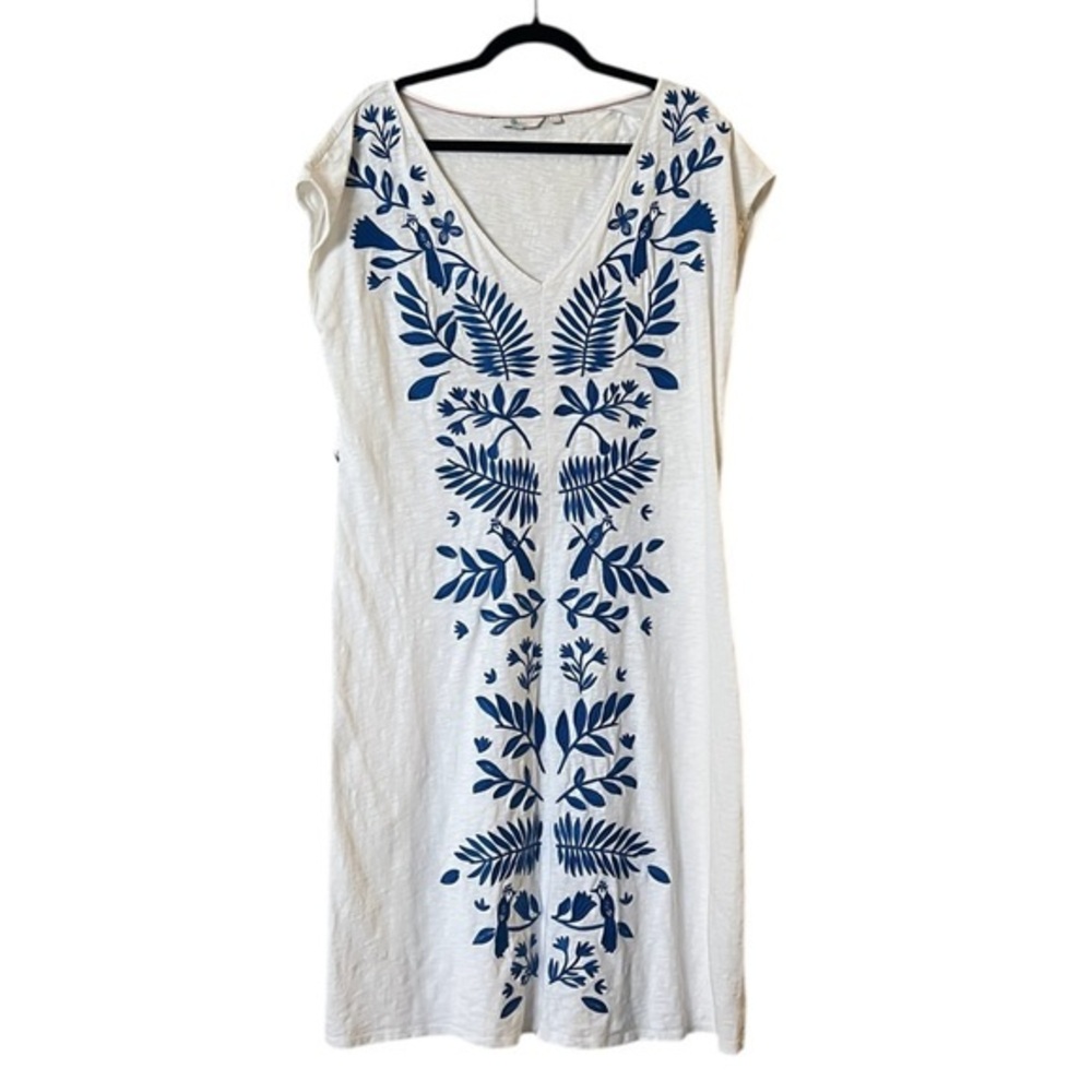 BODEN “Tanya” White & Blue Embroidered Cotton V-Neck T-Shirt Dress 16L